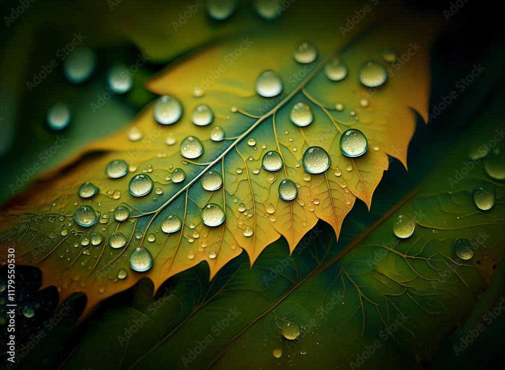 Aufkleber close-up of a leaf, adorned with numerous water droplets, showcasing autumnal colors and textures. t