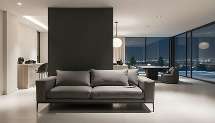 Fototapeta premium A modern living room with a large gray sofa, a black accent wall, and floor-to-ceiling windows overlooking a scenic view
