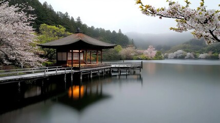 Fototapeta premium Serene Spring Landscape with Calm Lake and Blossoming Trees in Idyllic Setting