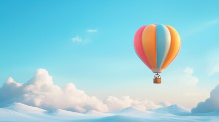 Fototapeta premium Colorful Hot Air Balloon Floating Above Snowy Landscape Under Bright Blue Sky with Soft White Clouds