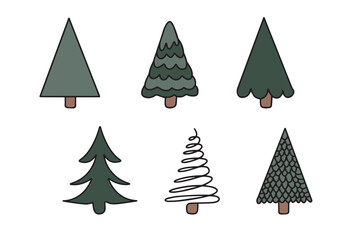 Fototapeta premium Set of hand drawn linear Christmas trees. Modern doodle style Christmas trees. Perfect for holiday greeting cards, packaging, decor. Vector illustration