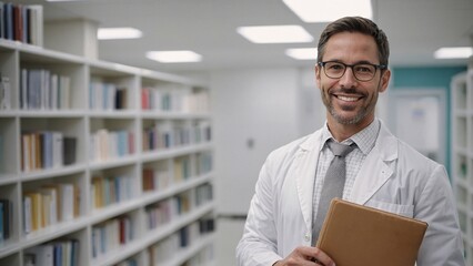 Smiling doctor in a white coat holds a folder in a modern library filled with medical texts while exuding confidence in his expertise and dedication to patient care during a busy day