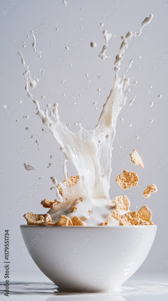 Poster milk splashing in a white bowl filled with cereal against a light grey background, capturing dynamic