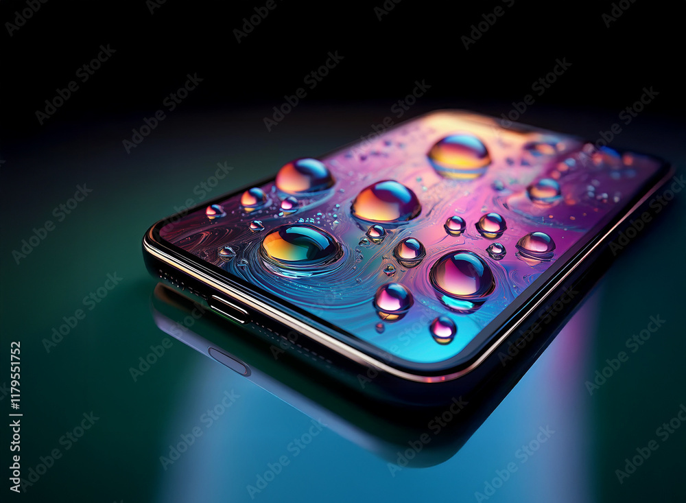 Aufkleber a sleek smartphone rests on a reflective surface, adorned with iridescent water droplets. the vibran