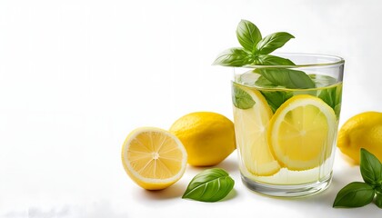 Fototapeta premium Refreshing Lemon Basil Drink Healthy Summer Beverage Citrus Water Glass