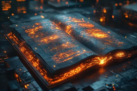 futuristic digital learning interface with holographic book pages and glowing educational content floating in virtual space environment