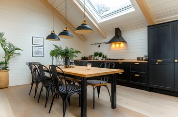 Fototapeta premium Scandinavian-inspired interior design of an attic apartment featuring a kitchen, a black and white color scheme, wooden elements, cozy furniture, and a skylight. 