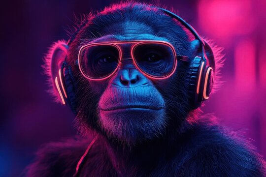 funky party animal portrait of dj monkey wearing neon headphones and sunglasses against vibrant pop art background creative digital design