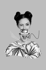 Collage 3d image of pinup pop retro sketch of happy smiling lady open head disco ball inside...