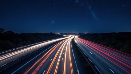 Two highways stretch into darkness under a star-studded midnight sky, one track ablaze with fiery red and orange light trails