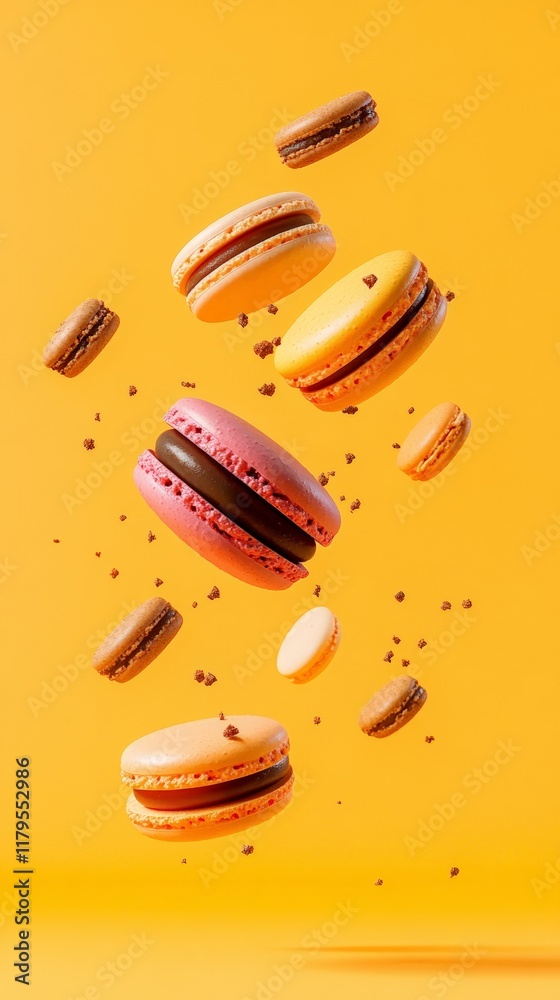 Poster colorful macarons with various flavors are levitating on a vibrant yellow background, accompanied by