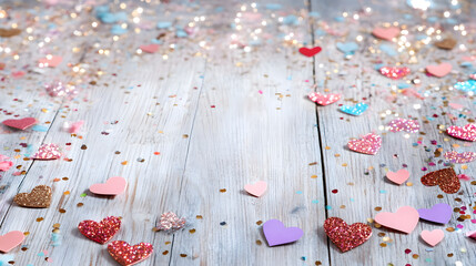 Obraz premium Colorful heart confetti scattered on wooden surface, creating festive atmosphere