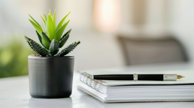 Healthy green plant with notebook and pen on white table. Symbolizes health advice and wellness tips with clean, focused image.
