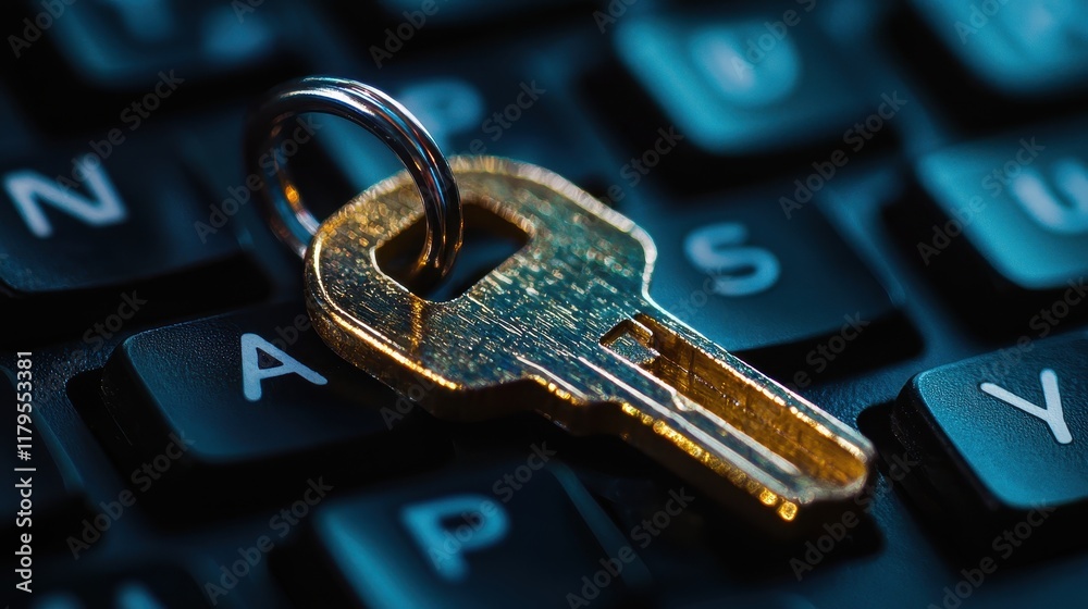 Poster close-up view of a golden key on a black keyboard representing security and access control concepts