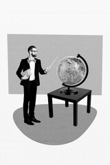 Vertical collage image of black white colors teacher man wear suit hold book point planet earth globe isolated on painted background