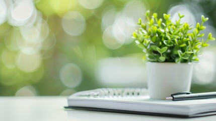 Healthy green plant with notebook and pen on white table. Symbolizes health advice and wellness tips with clean, focused image.