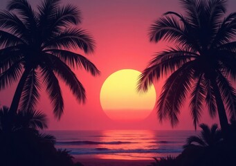 Obraz premium Beautiful sunset over the ocean with palm trees framing the view on a serene evening