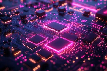 Fototapeta premium futuristic circuit board technology abstract with digital microchips electronic components and glowing data paths in blue and purple neon colors