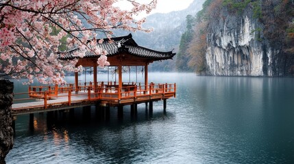 Fototapeta premium Serene Oriental Garden with Gazebo by the Lakeside Amidst Cherry Blossom Scenery