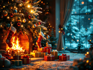 A beautiful house with a decorated Christmas tree, gifts and a lit fireplace. An atmosphere of coziness and magic,    