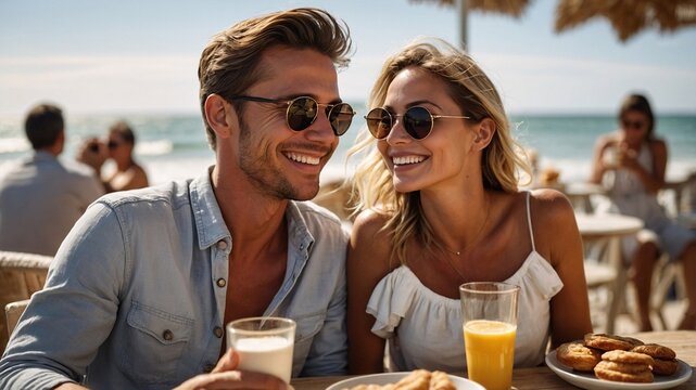 Couple relishing a sunlit morning at an oceanfront cafe, sipping coffee and enjoying pastries while sharing laughter and love