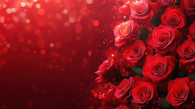 Heartfelt Valentine’s Day design with a rich red theme, glowing bokeh, and romantic rose heart centerpiece