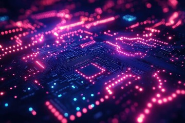 Fototapeta premium futuristic circuit board technology abstract with digital microchips electronic components and glowing data paths in blue and purple neon colors