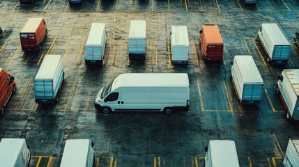 Aerial view of a delivery van parked among many other delivery vans in a large parking lot.