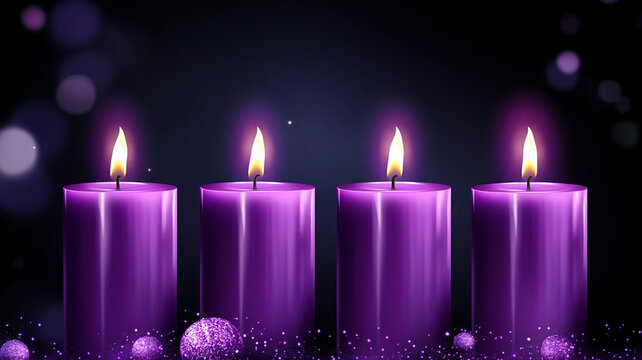 Four purple candles glowing with ambient soft light creating peaceful and spiritual holiday atmosphere background - Powered by Adobe