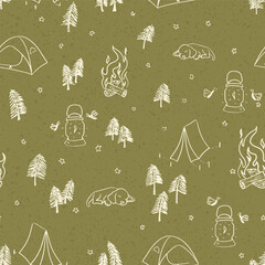 Seamless vector pattern with camping and outdoor doodle elements. Camping seamless pattern design.