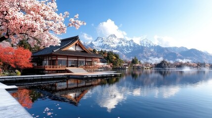 Obraz premium Serene Lakeside View with Traditional Architecture and Cherry Blossoms in Timeless Landscape