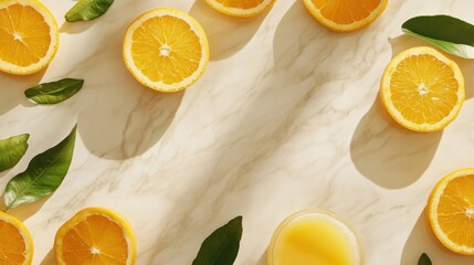 Sunlit Orange Slices, Leaves, and Citrus Juice on Marble
