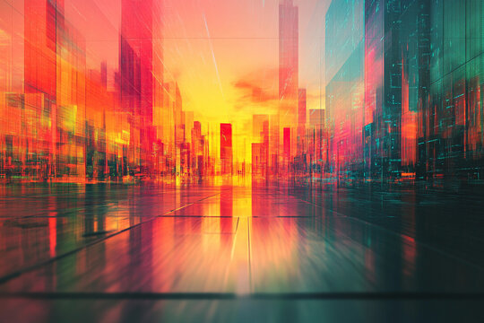 Vibrant sunset over futuristic city skyline with reflective surfaces and colorful lights