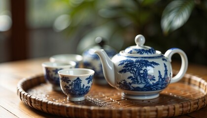 Fototapeta premium Elegant Asian Porcelain Tea Set in Blue and White with Traditional Designs Against Natural Light