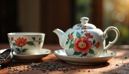 Fototapeta premium Romantic Floral Porcelain Tea Set with Gold Trim in Natural Setting