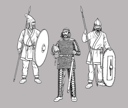 Heavily armed Parthian warrior with guard. Historical drawing with antique warriors.