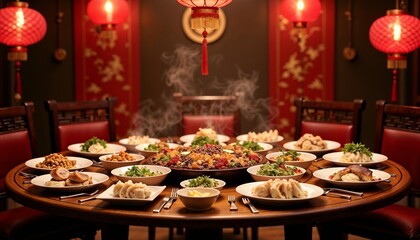 Traditional Chinese Feast Served Warmly on Round Table with Red Lanterns