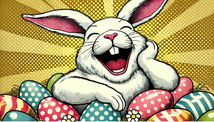 Easter bunny rabbit laughing fun happy pop art retro vintage style character cartoon culture