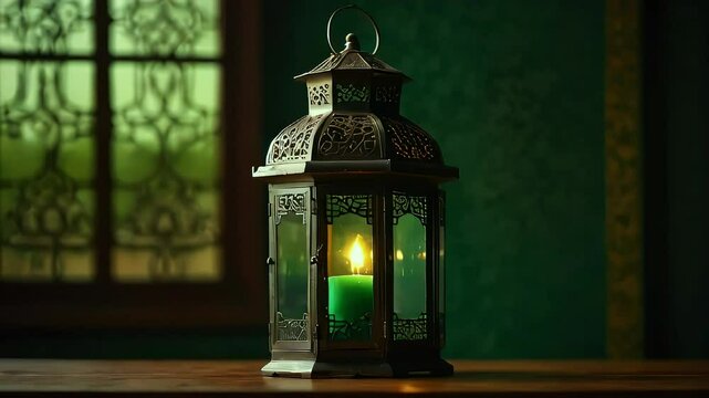 Traditional arabic lantern in emerald green environment orange glow peaceful calm Ramadan celebration 