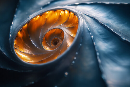 Intricate spiral shell revealing vibrant golden hues inside a Nautilus shell