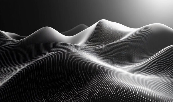 Digital landscape formed by flowing lines and curves in black and white tones with soft highlights