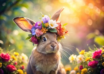 Fototapeta premium Elegant Rabbit in Flower Hat, Whimsical Garden Party - Long Exposure Photography