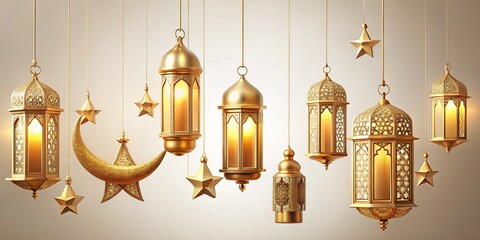 Obraz premium Elegant Ramadan Banners & Lanterns: Golden Festive Decor, White Background, Copy Space