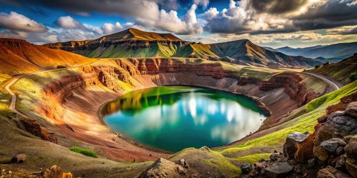 Aerial view of Racos Volcano's dramatic crater: minimalist Romanian landscape, breathtaking nature.