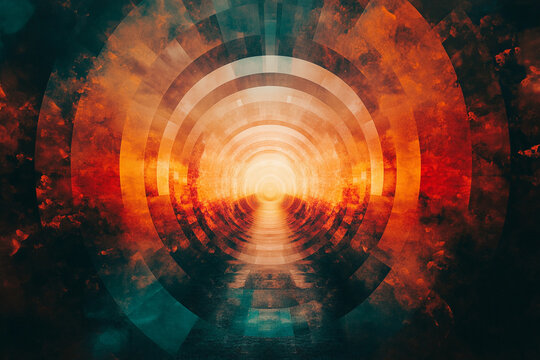 Bright light emerges through concentric circles in a vibrant digital art piece