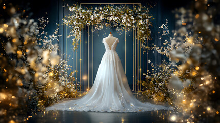 elegant wedding dress displayed in floral setting with soft lighting