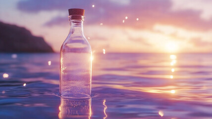 Plastic water bottle floating on ocean surface at golden sunset with glowing orange sky and rippling water waves