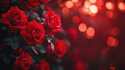 Heartfelt Valentine’s Day design with a rich red theme, glowing bokeh, and romantic rose heart centerpiece