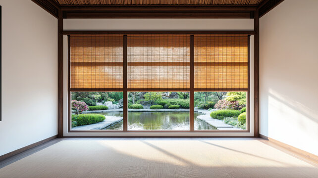 Chinese style blinds concept, serene traditional room with bamboo blinds overlooking tranquil garden