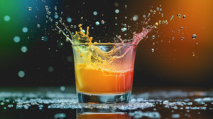 Vibrant Glass of Freshly Squeezed Orange Juice with Dynamic Splashing Water Capturing the Essence of Refreshment and Summer Vibes in an Inviting and Bright Kitchen Setting